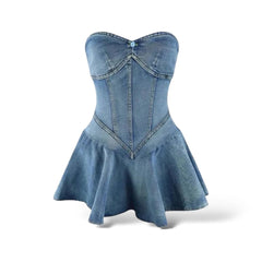 Strapless Denim Pleated Mini Dress