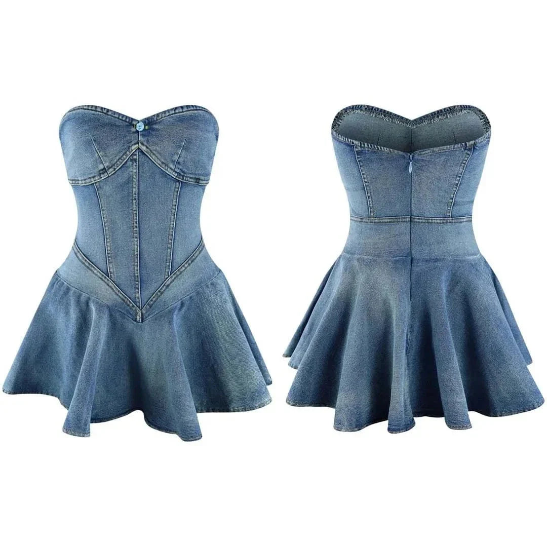 Strapless Denim Pleated Mini Dress