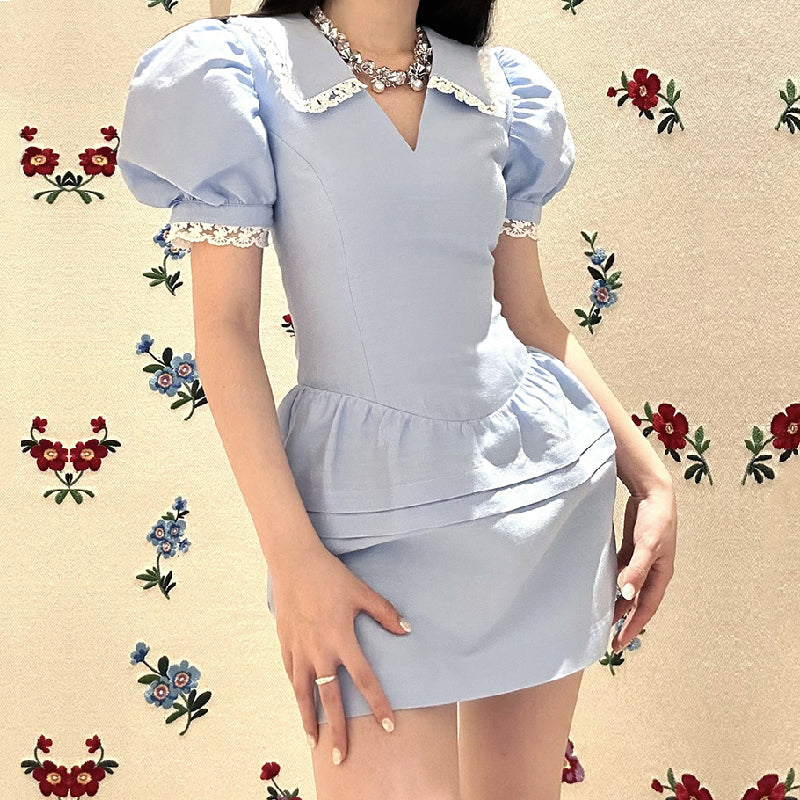 Blue Bubble Sleeves Mini Dress