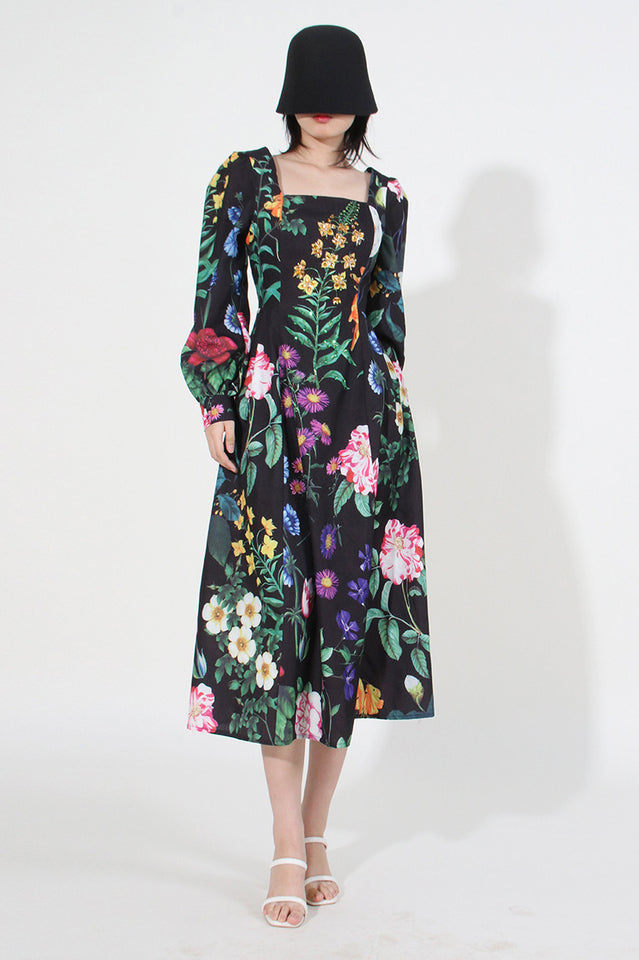 Printed Long Sleeve Cotton-Blend Midi Dress