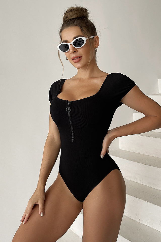 Solid Front Zipper Round Neck Bathing Suit