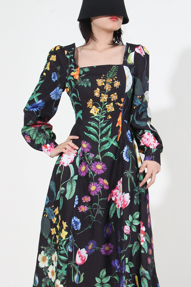 Printed Long Sleeve Cotton-Blend Midi Dress