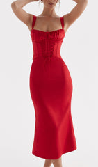 Red Lace UP Corset Midi Dress