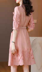 Cutout Embroidery Midi Dress In Pink