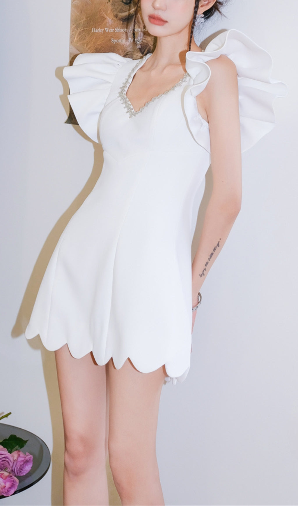 White Diamond Chain V-Neck Petal Sleeve Mini Dress