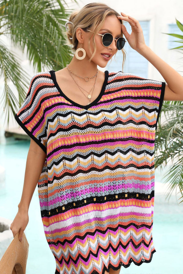 Rainbow Stripe Scalloped V-Neck Cover-Up Dress