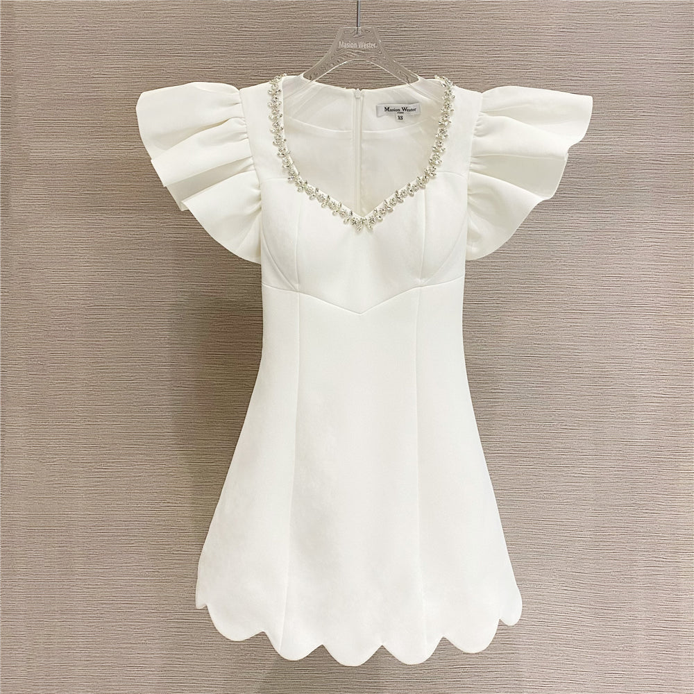 White Diamond Chain V-Neck Petal Sleeve Mini Dress