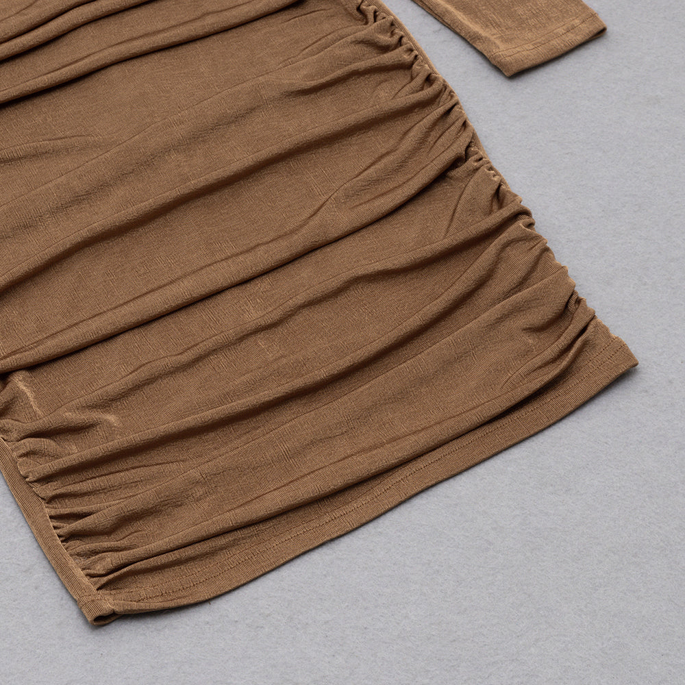 Caramel Turtleneck Waist Hollow Pleated Dress