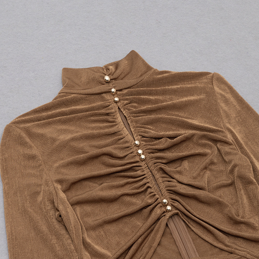 Caramel Turtleneck Waist Hollow Pleated Dress