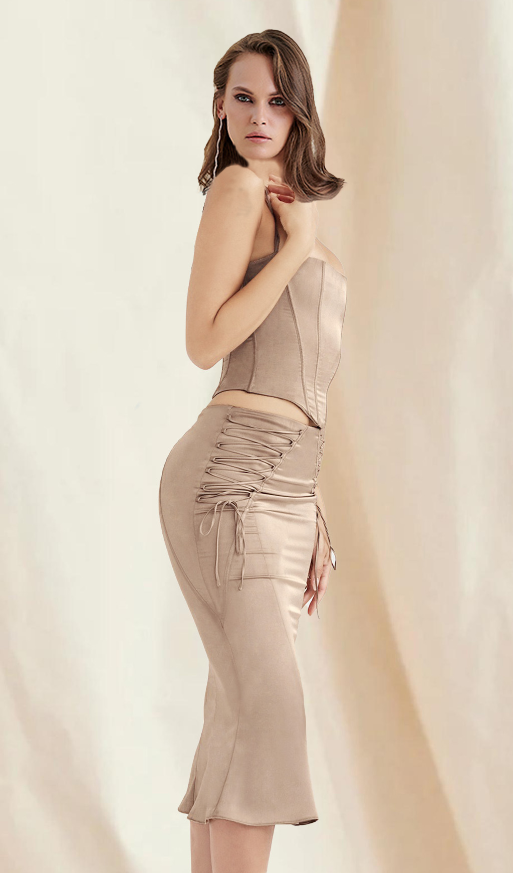 Coffee Satin Lace UP Midi Skirt