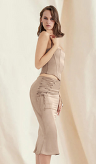 Coffee Satin Lace UP Midi Skirt