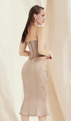 Coffee Satin Lace UP Midi Skirt