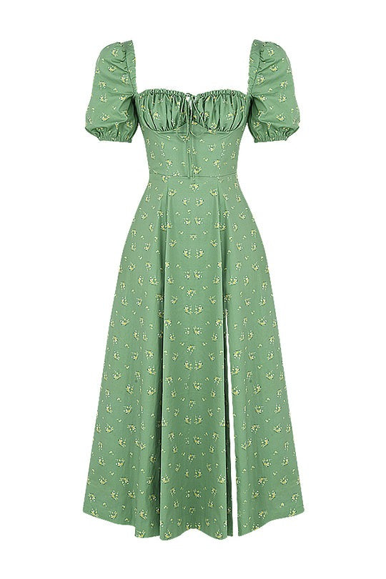 Vintage Floral Puff Sleeve Midi Dress In Green
