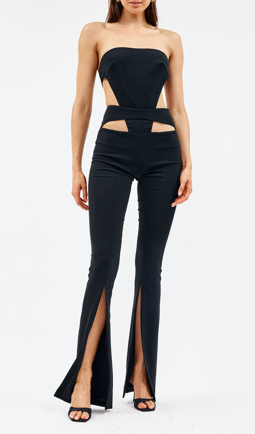 Black Strapless Cutout Slit Jumpsuits