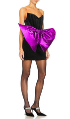 Satin Bow Mini Dress In Electric Purple