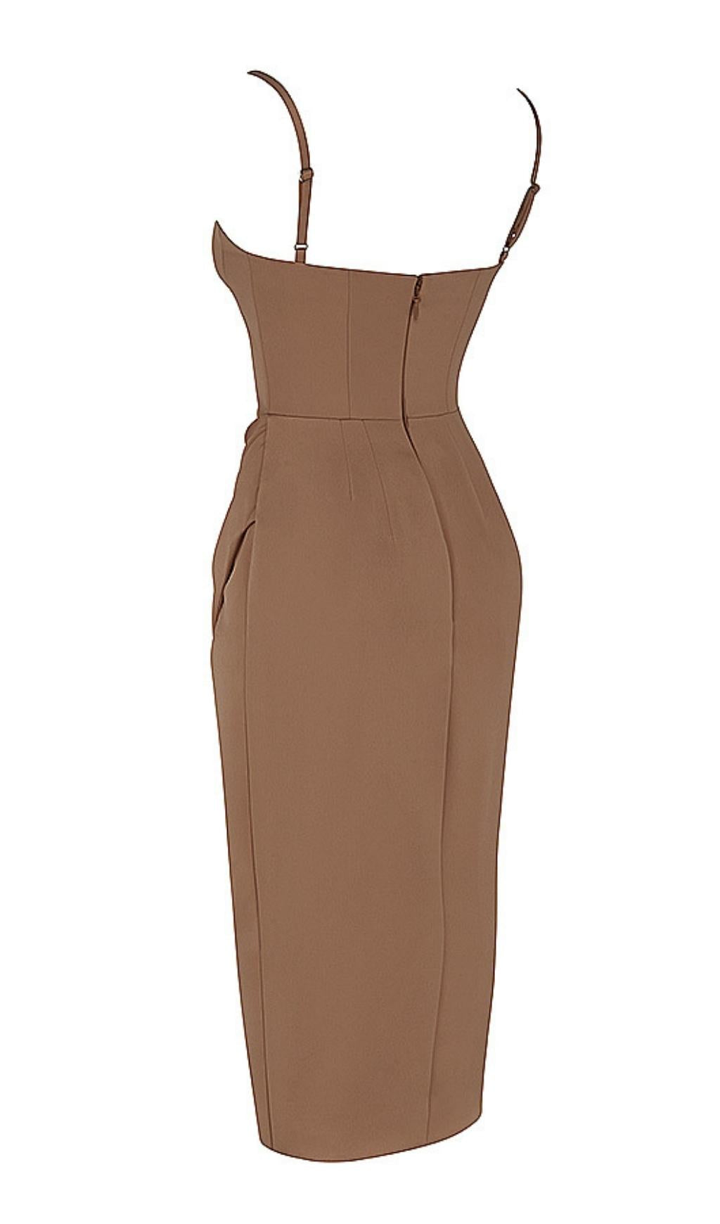 Satin Midi Dress In Brown