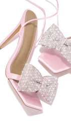 Pink Cross-Lace Rhinestone Bow Heels