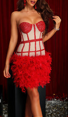 Strapless FeaTher Mini Dress - Red