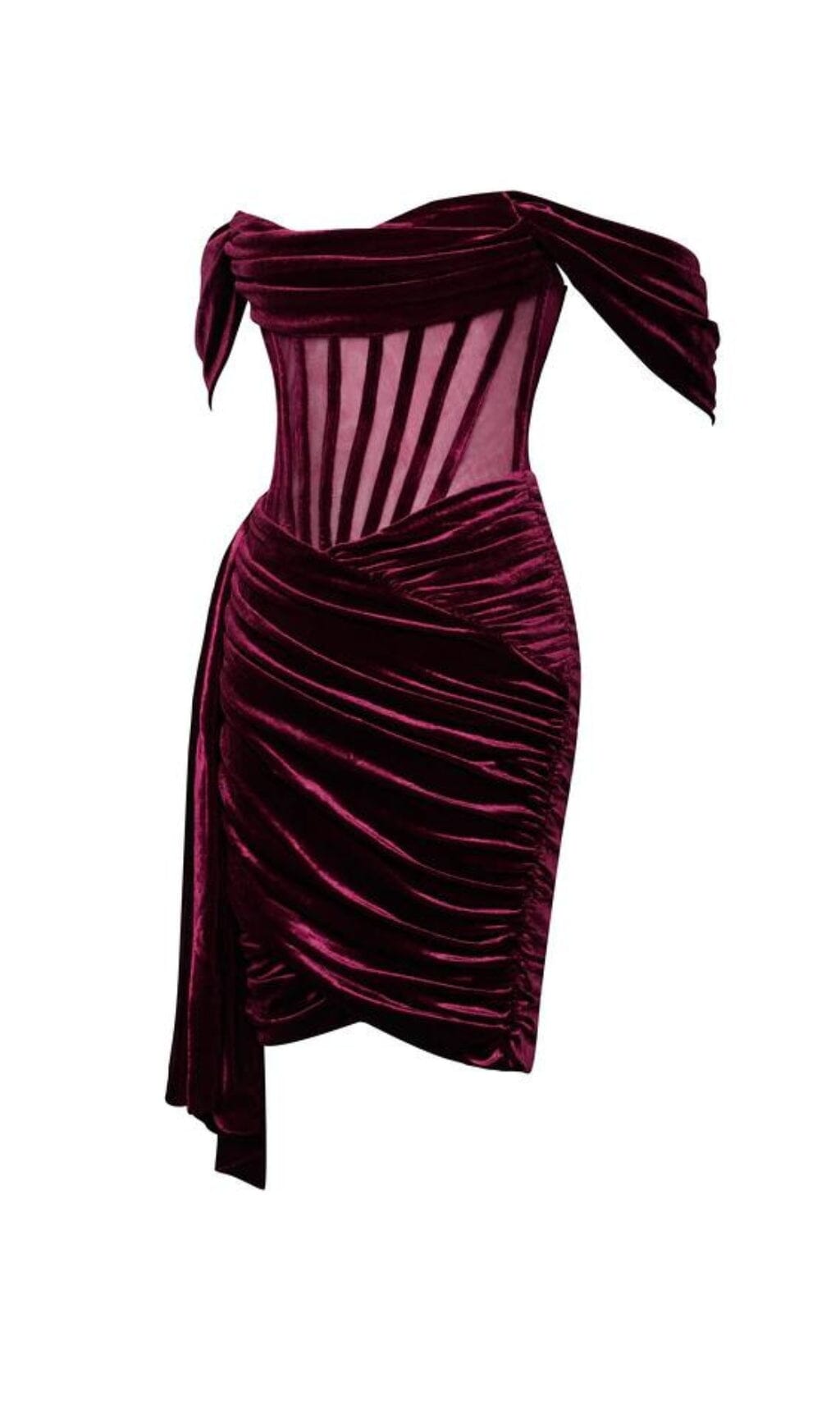 IRISA Burgundy DraPInG Off Shoulder Corset Dress