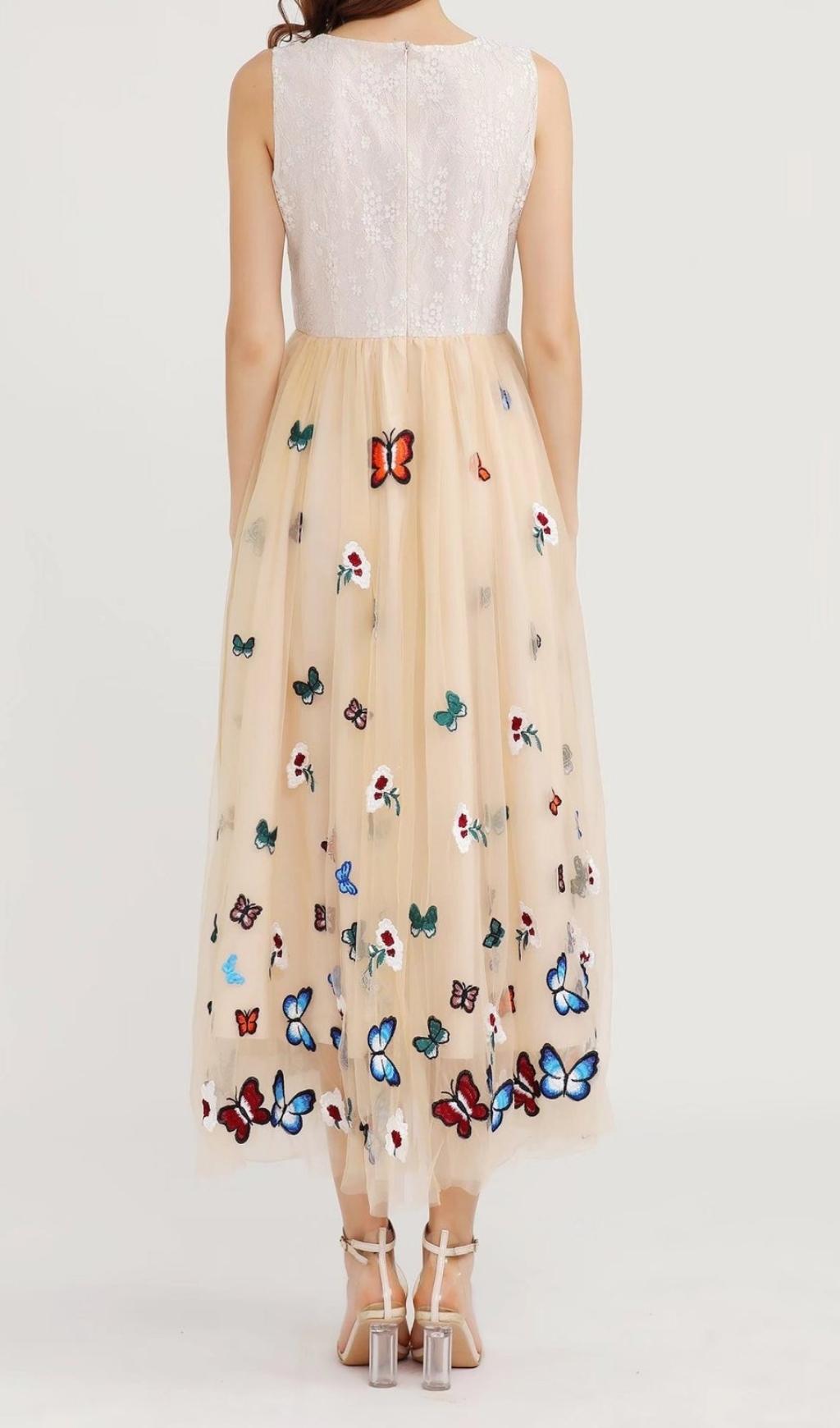 Butterfly Lace Midi Dress In Beige