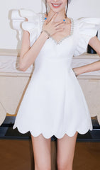 White Diamond Chain V-Neck Petal Sleeve Mini Dress