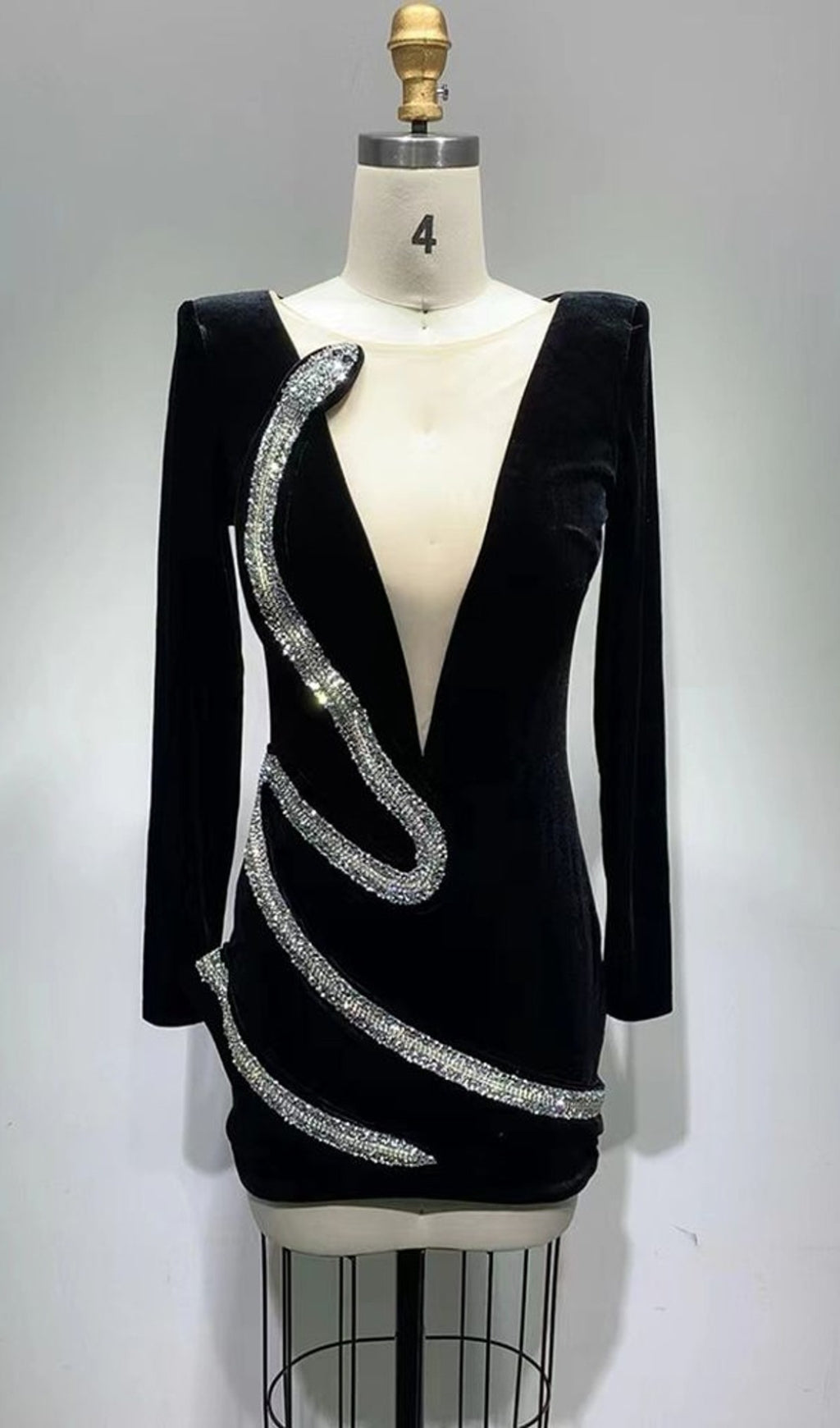 Rhinestone Serpenta Deep-V Velvet Mini Dress