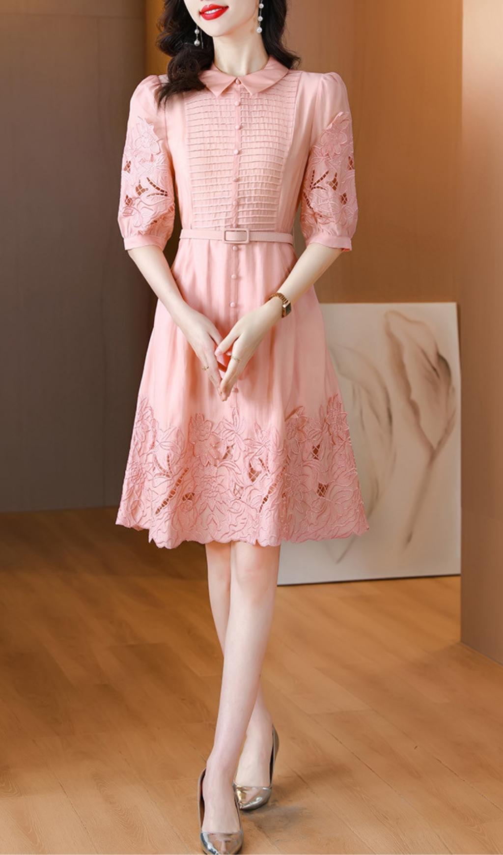 Cutout Embroidery Midi Dress In Pink