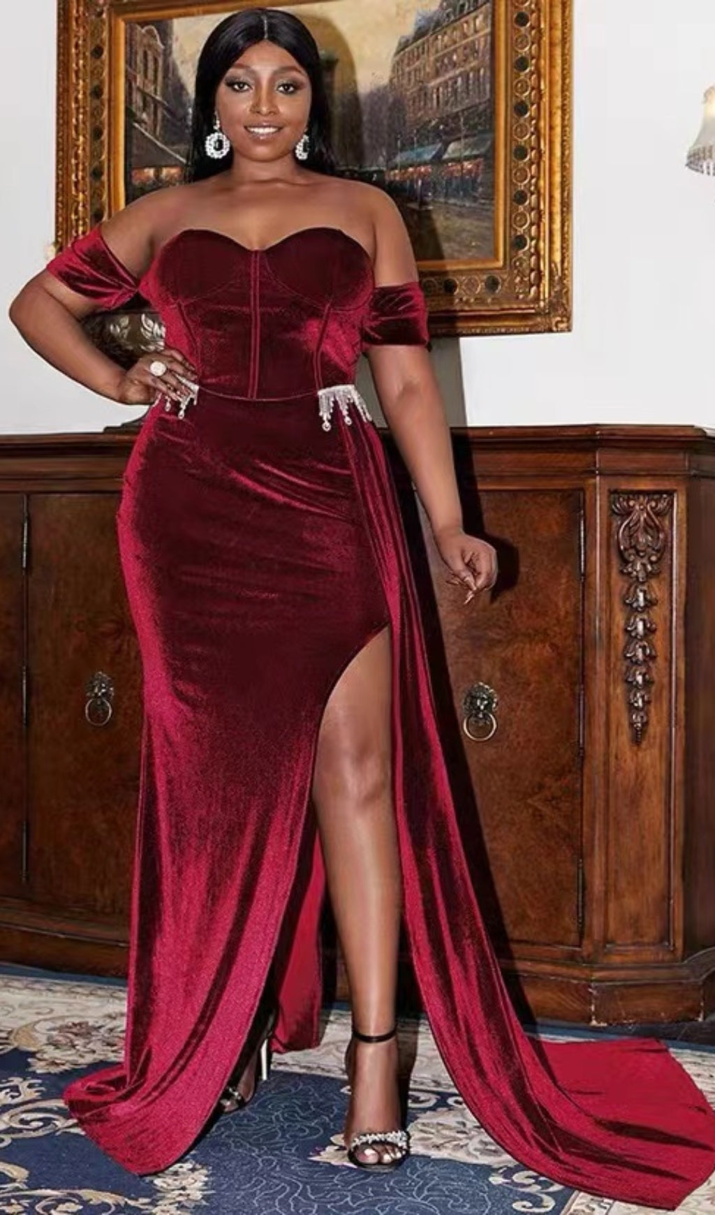 Burgundy Velvet Off Shoulder Side TAIL Slit Maxi Dress