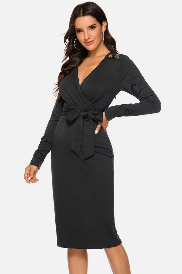 V Neck Wrap Tied Waist Slit Dress