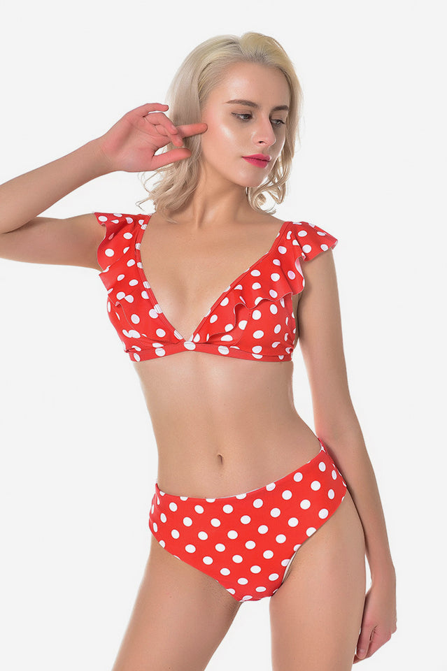 Polka Dot High Waist Ruffle Bikini