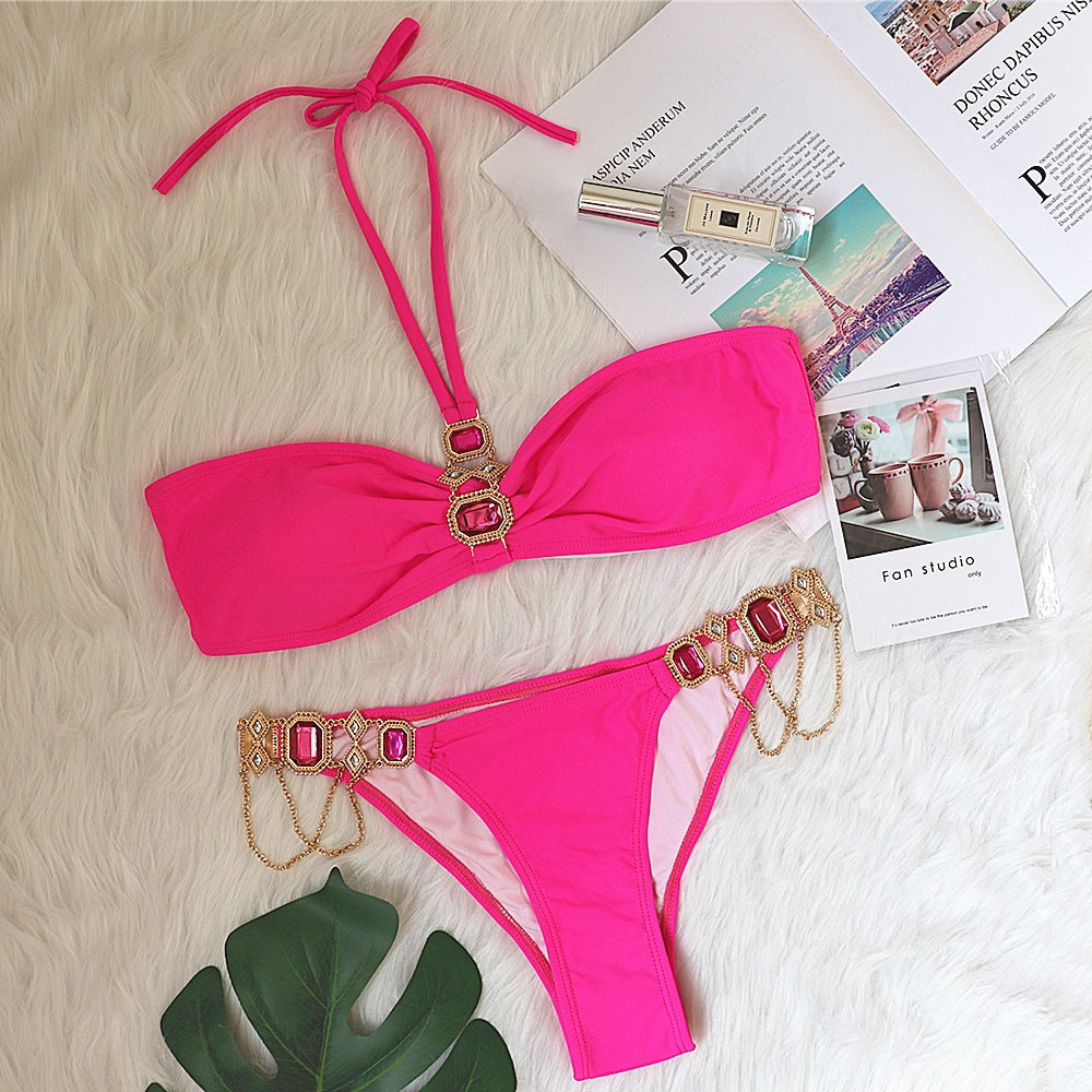 Halter Neck EmbelliShed Bikini Two Piece Set In Hot Pink