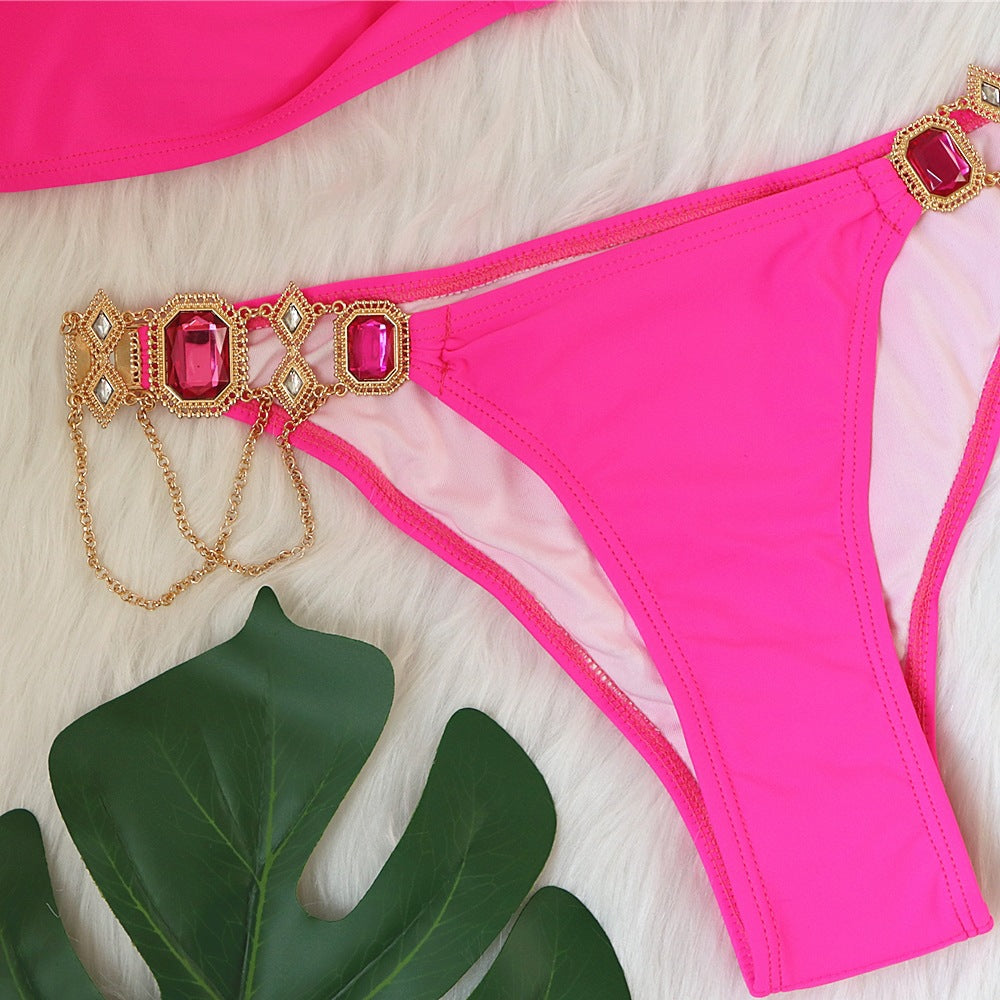 Halter Neck EmbelliShed Bikini Two Piece Set In Hot Pink