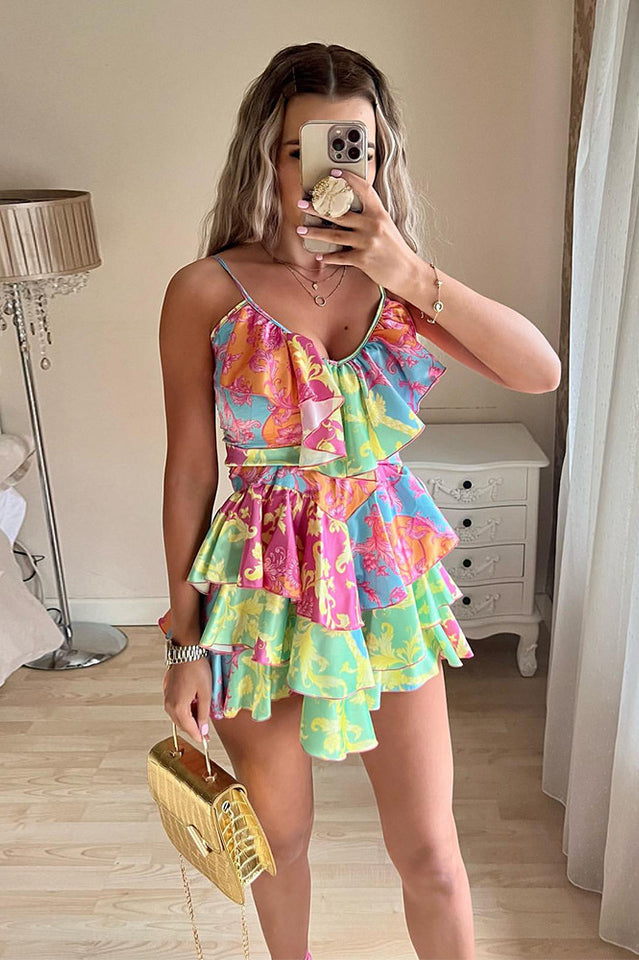 Satin Ruffle V Neck Tiered MIni Sundress