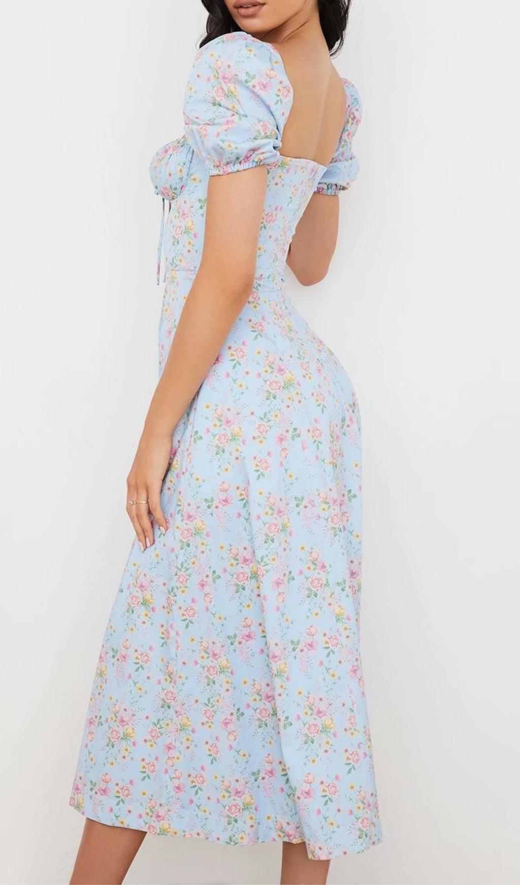 Blue Vintage Floral Puff Sleeve Midi Dress