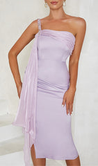 Satin Crystal Midi Dress In Lilac Gray