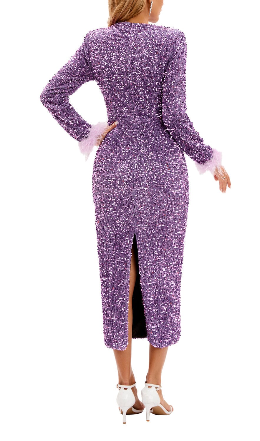 Sequin Patchwork Plush Cuff Dress In Purple