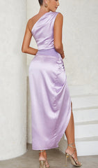One Shoulder Satin Midi Dress In Lilac