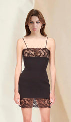 Black Lace Strap Knit Mini Dress