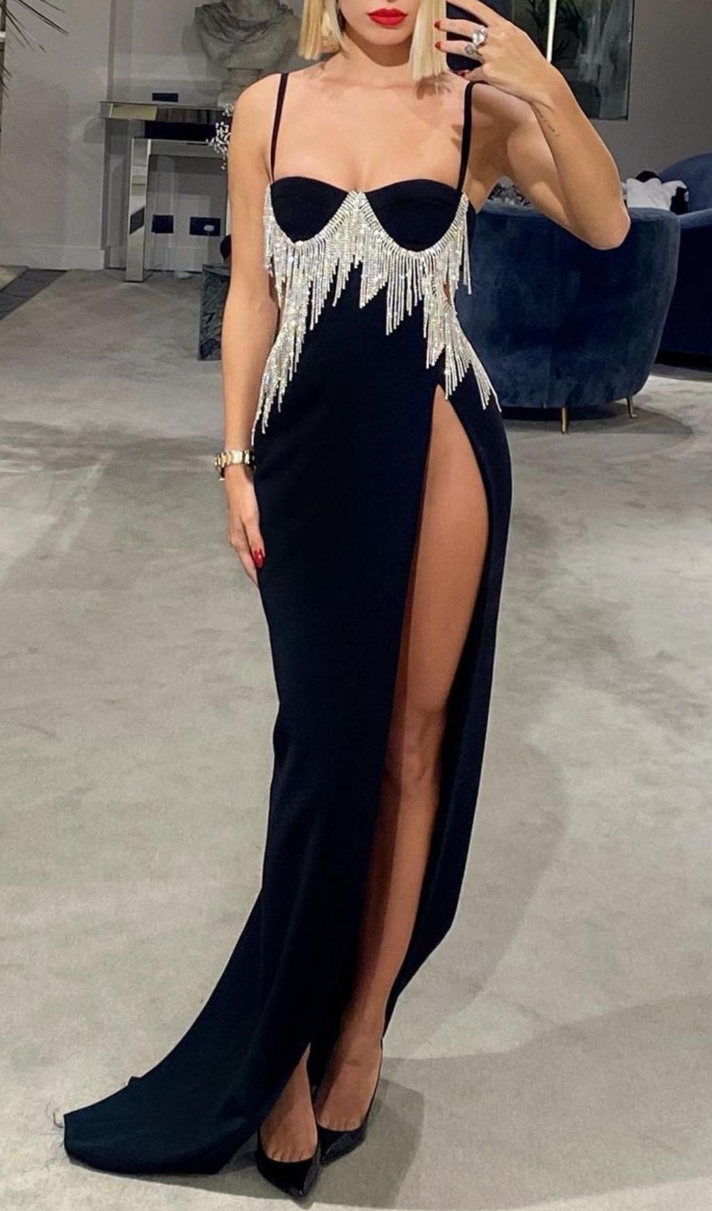 Black Diamond Tassel Slit Maxi Dress