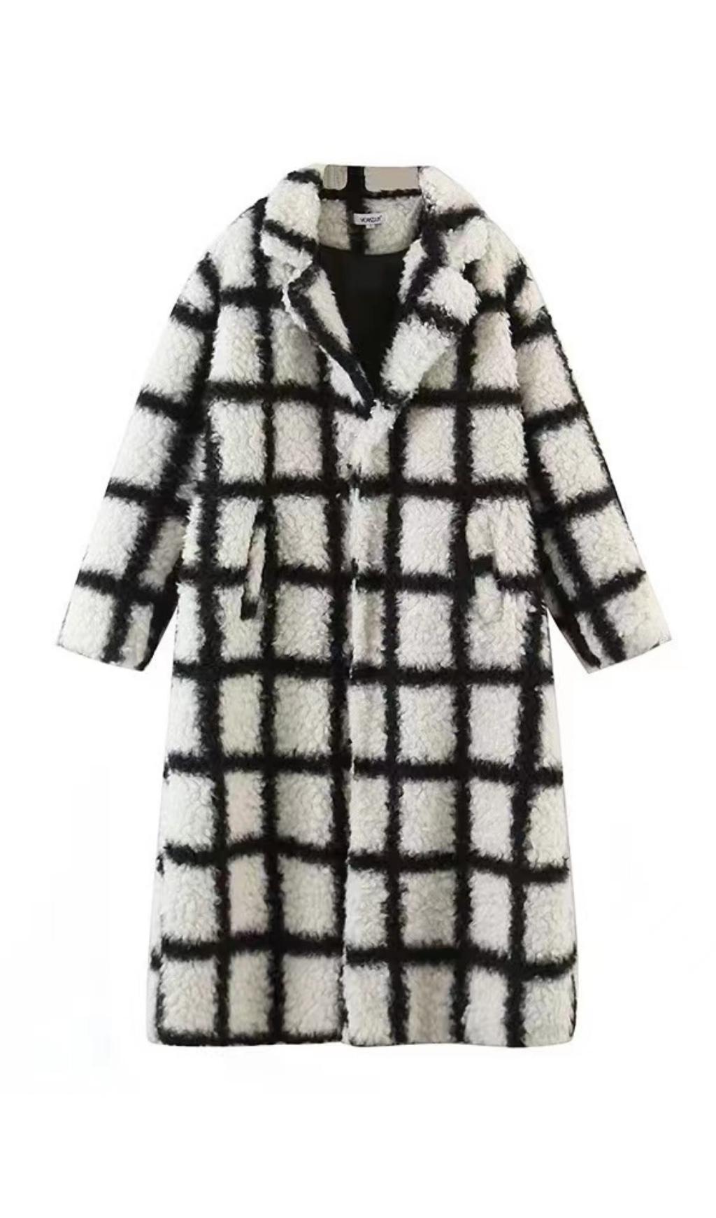 NIna Faux Fur Check Coat Cream And Black