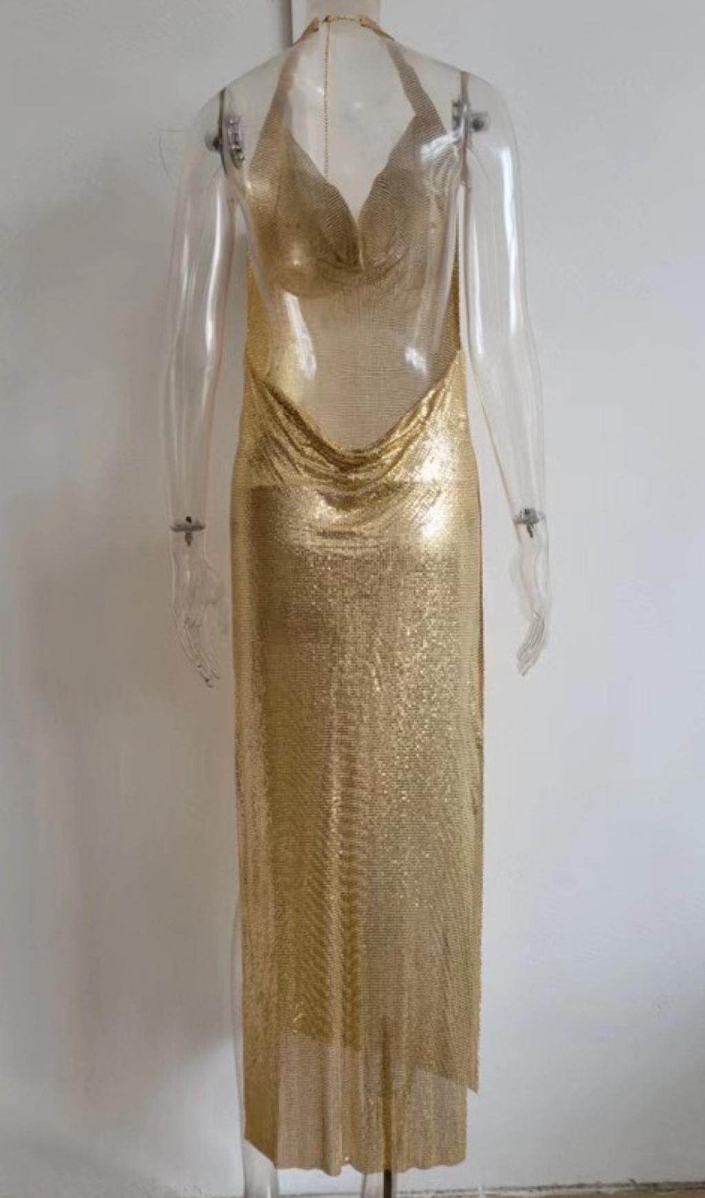 Gold Backless Metallic Midi Dress