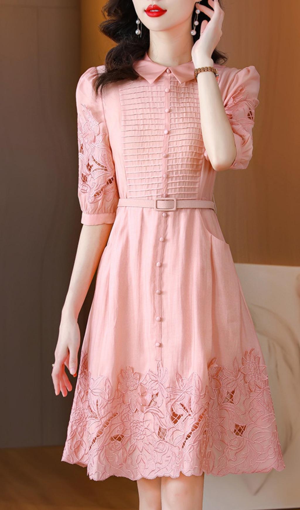 Cutout Embroidery Midi Dress In Pink