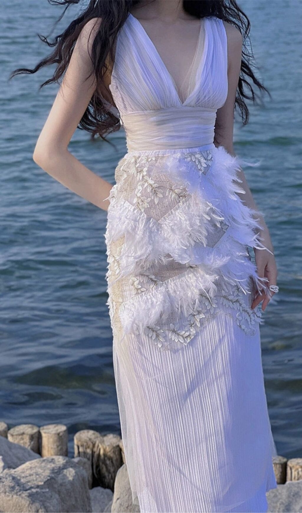 FeaTher Pleated Lace Dress In White