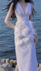 FeaTher Pleated Lace Dress In White