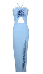 Ruffle Flower-EmbelliShed Midi Dress In Blue