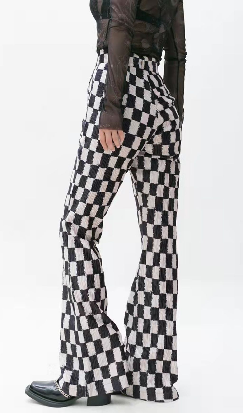 Retro Checkboard Slit FlAred Trousers