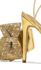 Gold Cross-Lace Rhinestone Bow Heels