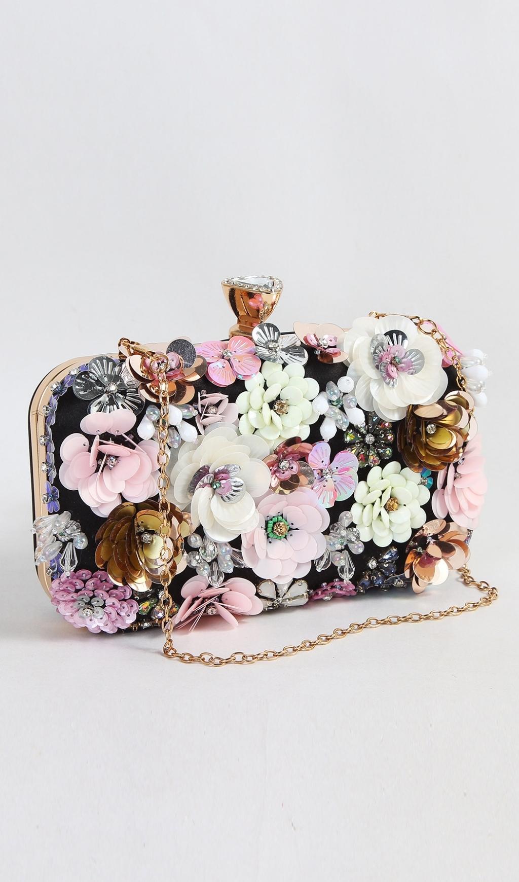 Black Floral Embroidery Clutch