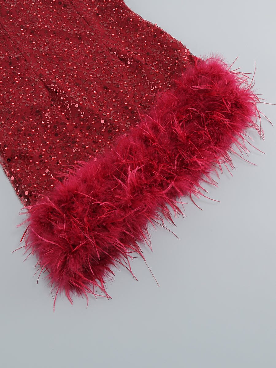 Red FeaTher Sequin Dress