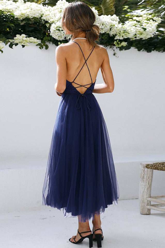 Plunging Neck Backless Mesh Midi Dress